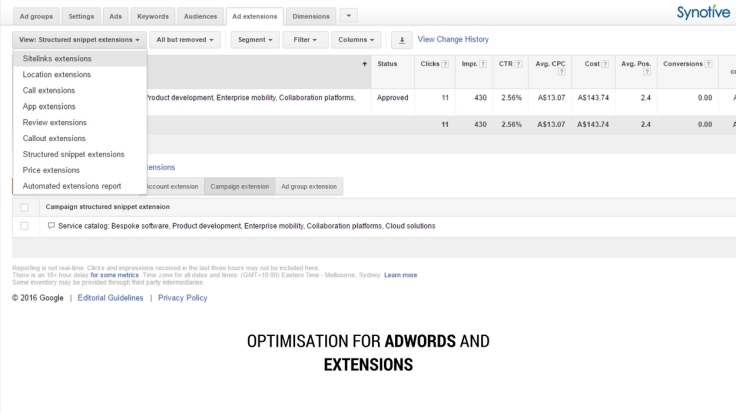 Optimisation for AdWords and Extensions